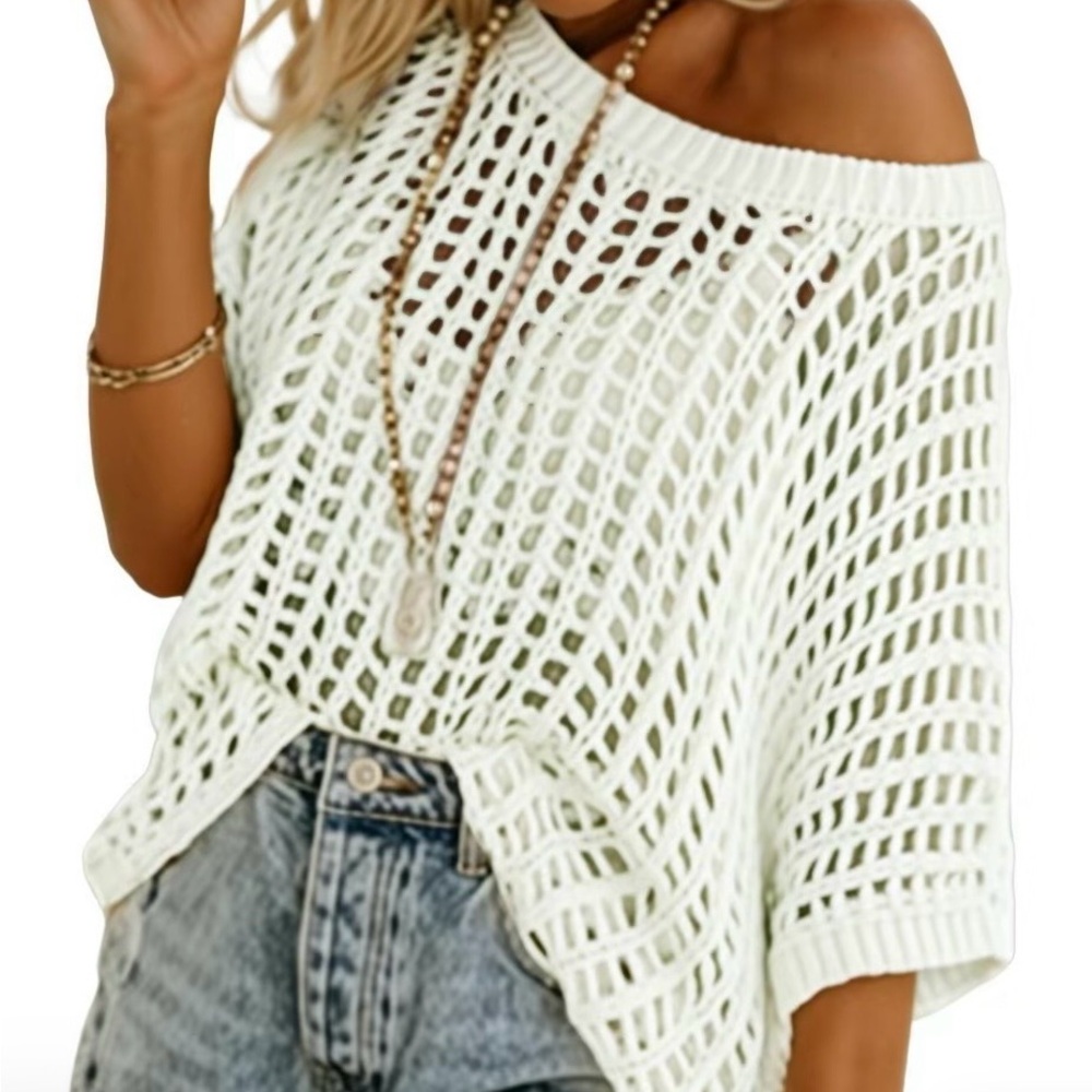 Cream Off-the-Shoulder Open Knit Sweater - Small